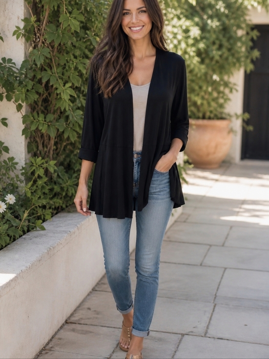 J. Jill Sweaters - J Jill Wearever Black Open Front Cardigan Jacket 3 4 Sleeve Stretch Career Work